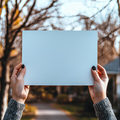 Someone holding a big white cardboard in front of a suburban house.