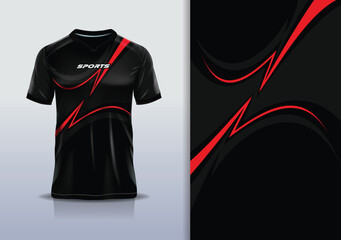 Modern Athletic Jersey Mockup, A dynamic t-shirt mockup featuring an abstract curve line, designed for football, soccer, racing, esports, and running in a sleek red black color © Nimpuna O