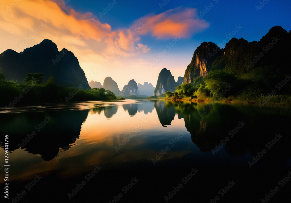Poster serene mountain landscape featuring a calm river mirroring the colorful sky at either dusk or dawn. 