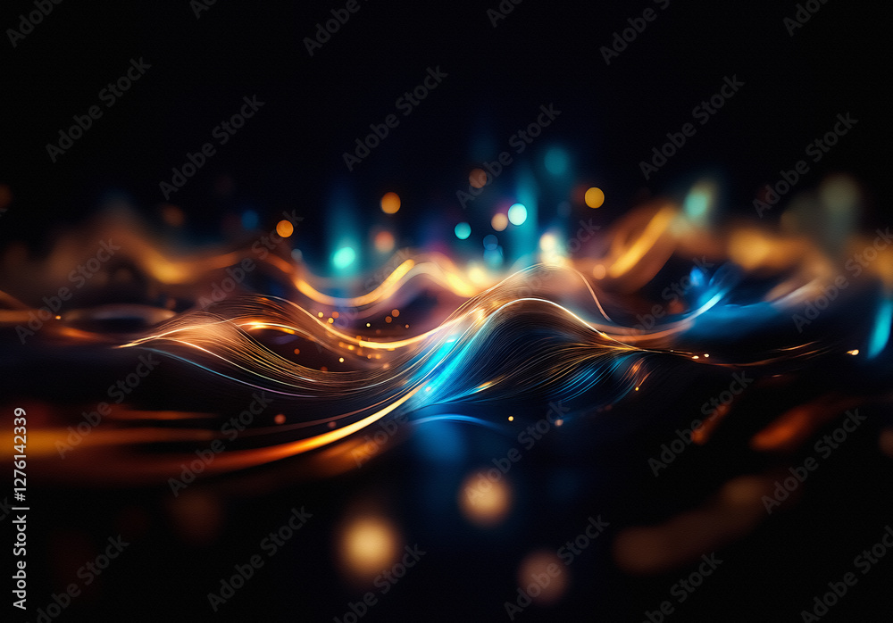 Poster Dynamic waves of glowing blue and orange light shimmer on a dark background, creating an abstract and energetic visual.