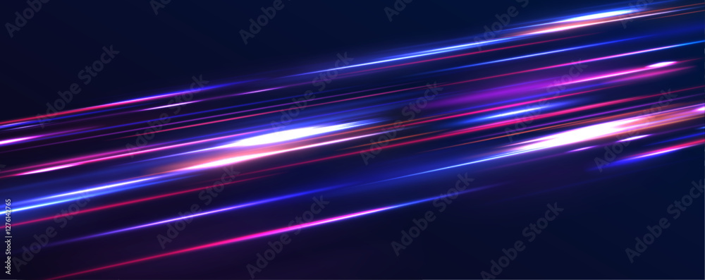Poster A colorful motion background of city light trails. The effect of speed on a blue background. lines of light, speed and movement. Particle motion effect vector Red blue special effect.