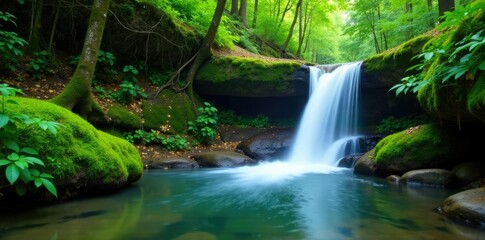 A tranquil waterfall flows over moss-covered rocks in a dense forest, leaf, plant, peaceful