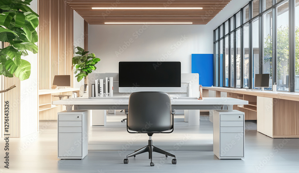 Poster a sleek and modern office space in a university. the room is spacious with minimalist furniture, cle
