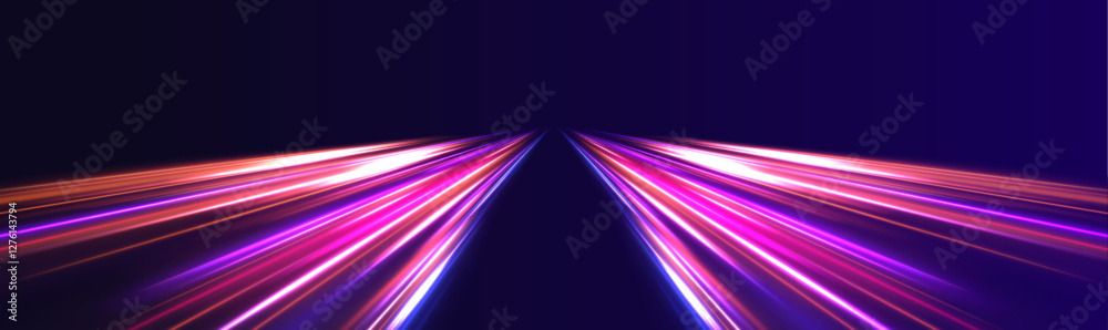 Poster High-speed light trails effect. Vector glitter light fire flare trace. Panoramic high speed technology concept, light abstract background.	
