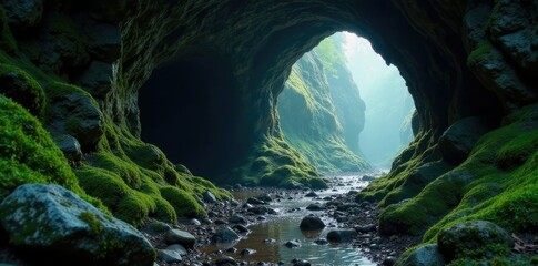 dark and damp cave entrance with moss-covered stones, eerie, nature, atmospheric
