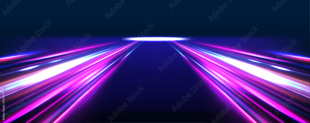 Poster Neon stripes in the form of drill, turns and swirl. Speed of light concept background. Abstract background rotational border lines.	
