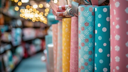 Colorful rolls of gift wrap displayed in a store.