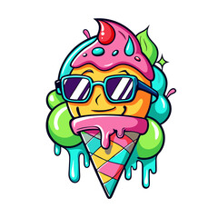 Fun cartoon-style t-shirt design with melting ice cream cone and sunglasses in bright neon colors