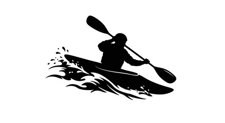 Kayaking Silhouette on White - Dynamic Vector Illustration of Paddler in Action, Ideal for Outdoor Adventure and Sport Graphics.