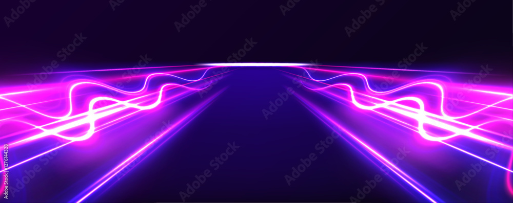 Poster Neon stripes in the form of drill, turns and swirl. Speed of light concept background. Abstract background rotational border lines.	