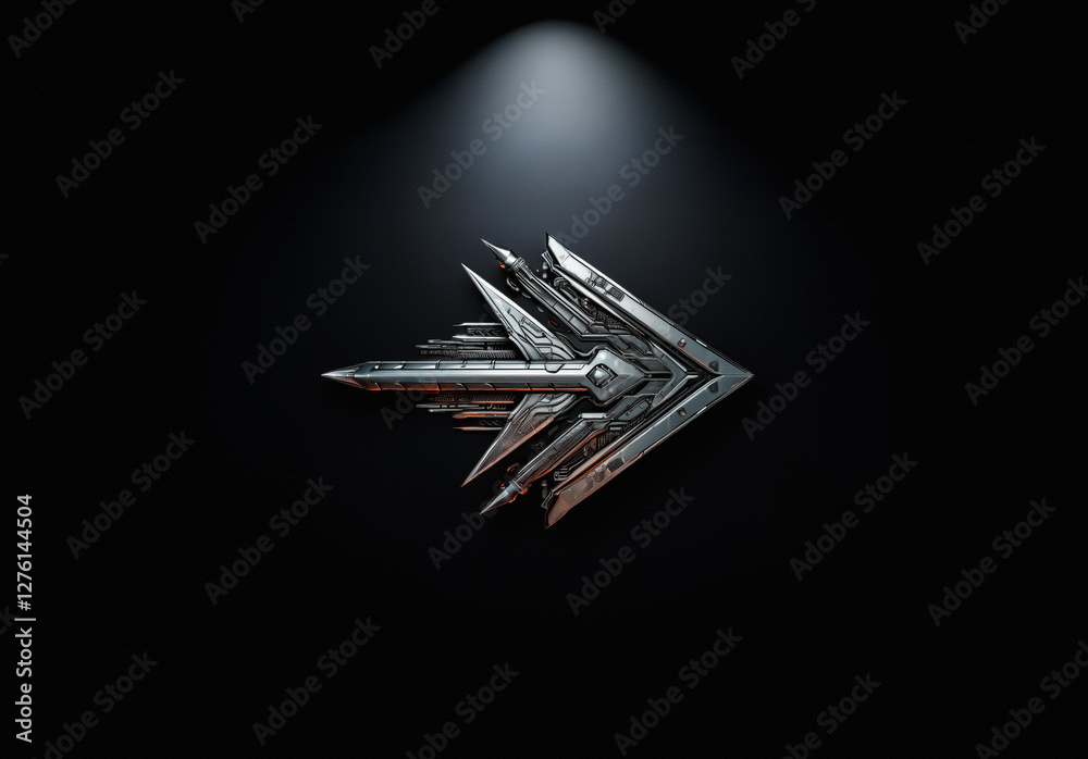 Aufkleber a metallic, stylized arrow points right against a stark black backdrop. a spotlight above highlights
