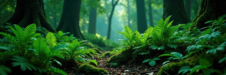Fototapeta premium Dark forest floor with clusters of tropical ferns, verdant landscapes, dense undergrowth, forest ground