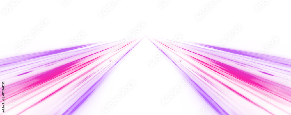 Poster panoramic high speed technology concept, neon lines on white transparent background in png format.