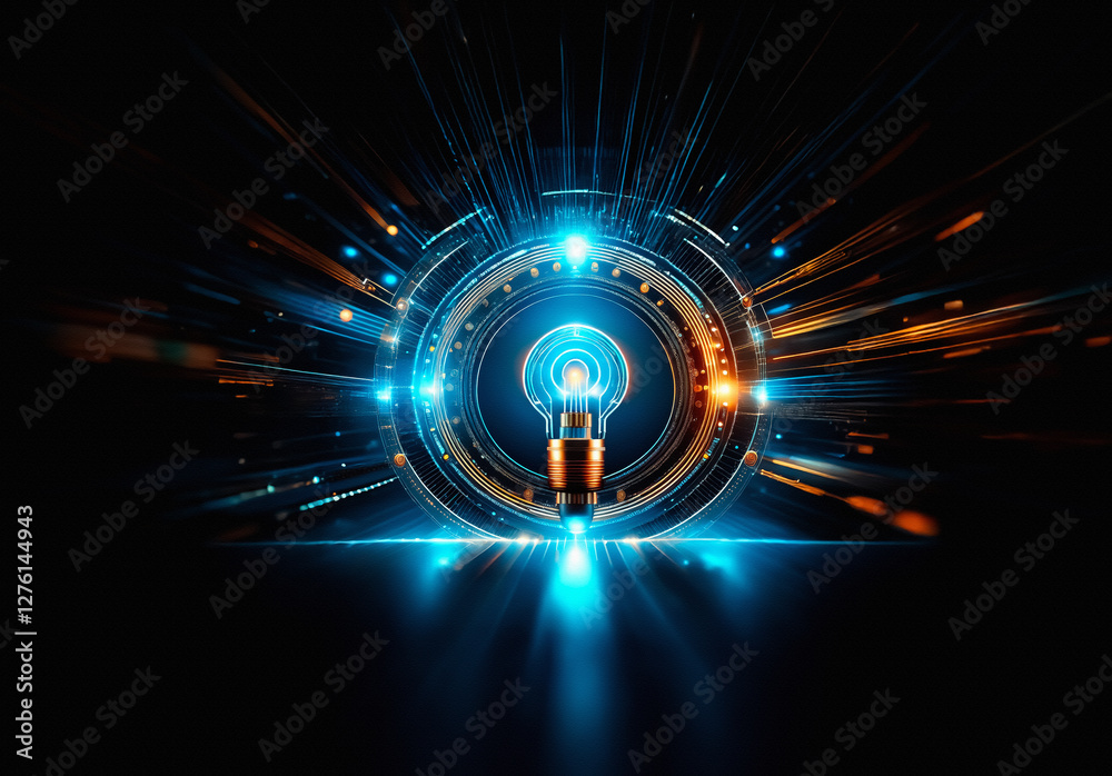 Poster abstract glowing lightbulb shape in circle frame emitting blue and orange light rays on a black back