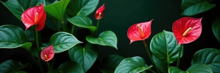 Dark green anthurium foliage with red and white flowers, flowering plant, foliage, tropical plants