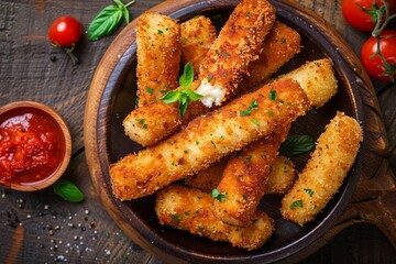 Fototapeta premium Crispy mozzarella sticks with dipping sauces. AI image
