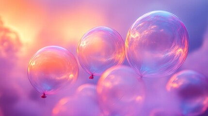 A bunch of transparent balloons in pastel colors on a pastel background.
