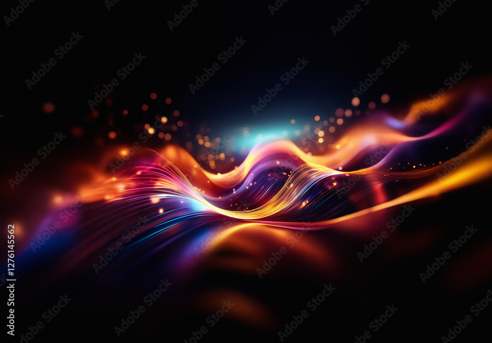 Poster abstract waves of vibrant light flow on dark. bokeh effects illuminate warm orange, yellow, red hues