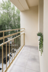 Long, narrow balcony in an older residential building, showcasing the charm of vintage architecture...