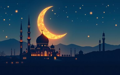 Ramadan Mosque Moon. Mystical twilight silhouette for Eid greetings, spiritual backgrounds, and cultural promotions. Copy space.