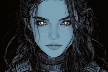 Portrait of a sci-fi character with blue skin, striking eyes, and detailed attire in a dark setting