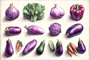 variety of purple vegetables including eggplants, purple cabbage, and carrots, arranged artistically. This colorful display showcases beauty of fresh produce