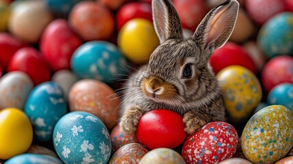 Cute little bunny with pastel-colored Easter eggs.