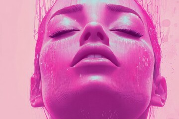 Close-up of a woman with a serene expression surrounded by vibrant pink hues capturing a moment of tranquility and self-reflection