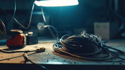 Damaged cables coiled on a workbench with small electrical parts nearby. Featuring frayed insulation and exposed wires