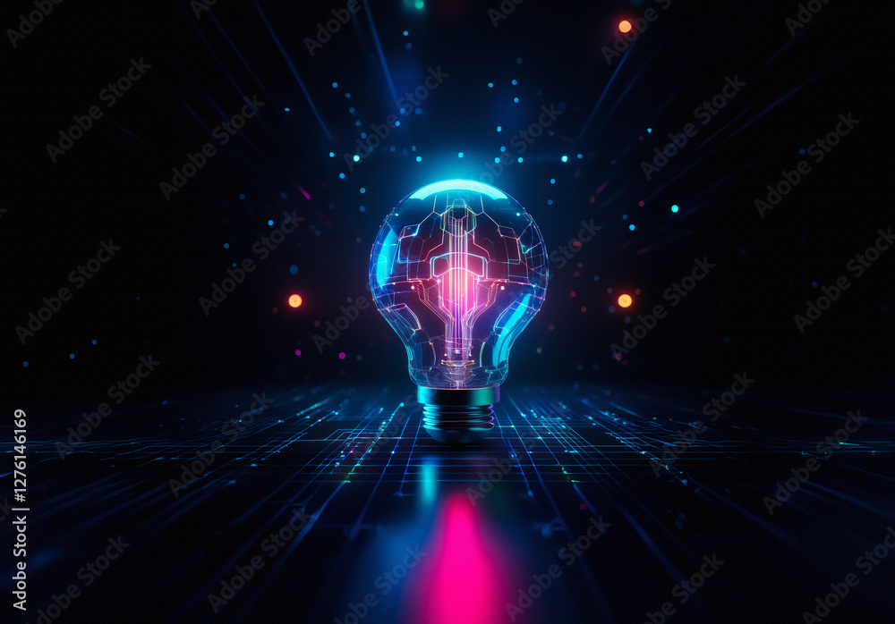 Poster bright neon lightbulb illuminates dark futuristic space. light rays streak across a reflective surfa