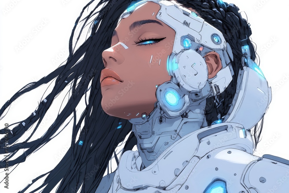 Poster futuristic robotic character with intricate design and bright blue accents in a digital environment