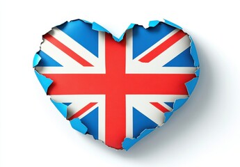 A torn blue paper heart reveals the national flag. The image features a textured, realistic look and a white background. The heart shape is irregular