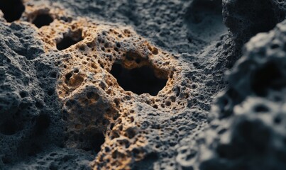 Close-up of textured volcanic rock with natural holes and crevices, illuminated by soft light