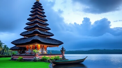 Obraz premium Captured at twilight, the image features a tiered pagoda style temple by a tranquil lake, reflecting a serene atmosphere against a backdrop of