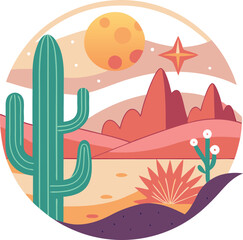 Boho summer t-shirt design with pastel sunset, cacti, and celestial elements