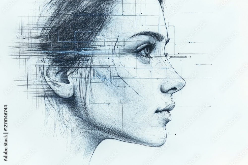 Poster Detailed sketch of a woman's profile with abstract digital elements emphasizing technology and creativity
