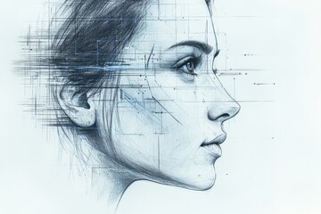 Detailed sketch of a woman's profile with abstract digital elements emphasizing technology and creativity