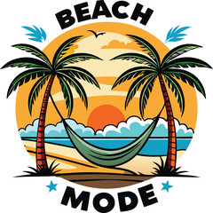 Beach mode on t-shirt design with hammock and palm trees