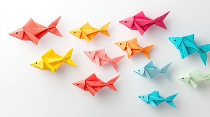 Colorful origami fishes on white background representing festive tradition of april fool's day