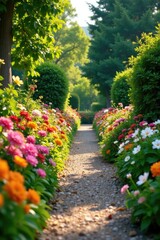 Garden path lined with blooming flowers and shrubs, shrubs, gardenia