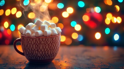 Hot chocolate with marshmallows. A mug of hot cocoa. A christmas tree with lights and marshmallows. Chocolate beverage topped lifestyle with marshmallows.