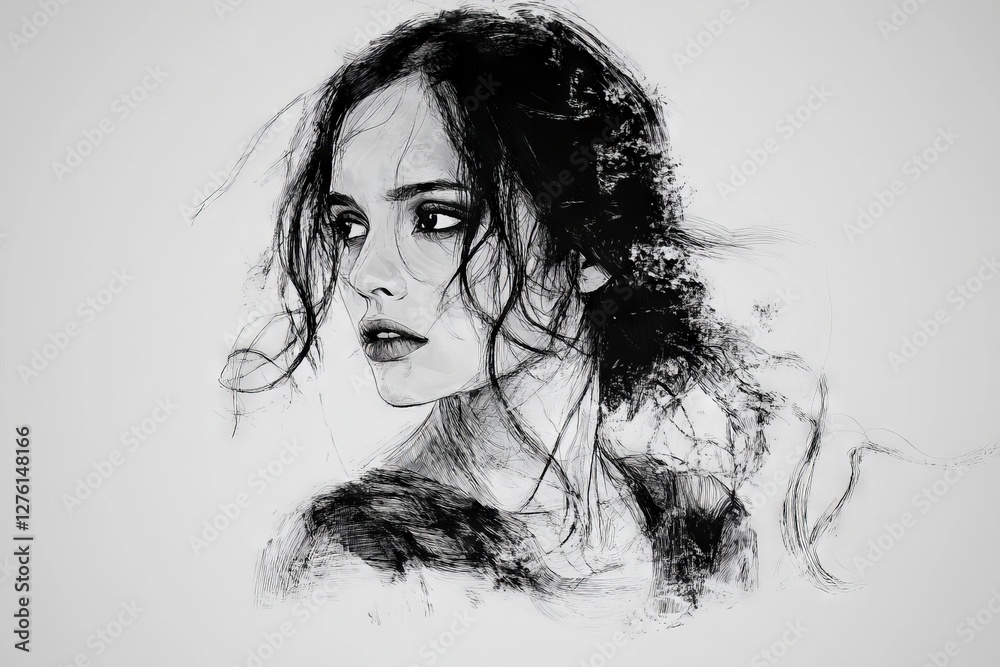 Aufkleber Expression of beauty captured in intricate line art with a focus on delicate features and flowing hair