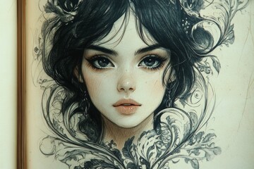 Fototapeta premium Intricate portrait of a young woman surrounded by floral patterns and delicate details