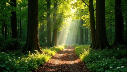 Obraz premium Sun-dappled redwood path, sunlight filtering through canopy, leaves, path, redwood