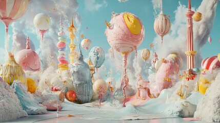 Surreal fantasy landscape with candy-colored dreamscape and whimsical balloons for april fool's day concept
