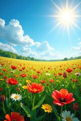 Sun-drenched flower field, azure sky overhead , sun, image