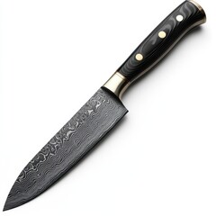 A sharp chef's knife with a Damascus steel pattern, photorealistic, white background