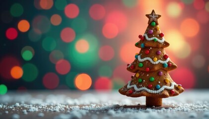Gingerbread tree in front of a colorful background, bright colors, holiday atmosphere