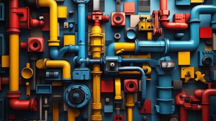 Colorful pipes and plumbing network abstract pattern modern art.