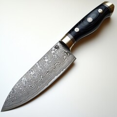 A sharp chef's knife with a Damascus steel pattern, photorealistic, white background